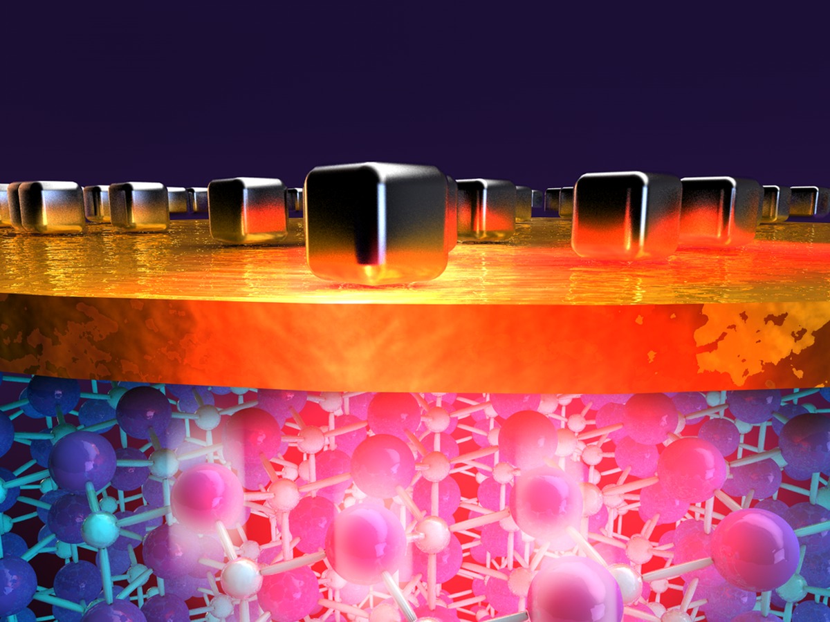 Rendering of silver nanocubes on a gold film, with the pyroelectric crystal lattice beneath heating and glowing.