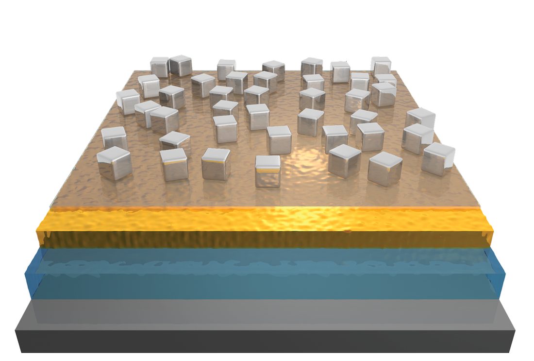 Rendering of silver nanocubes on a gold film over a layered substrate.