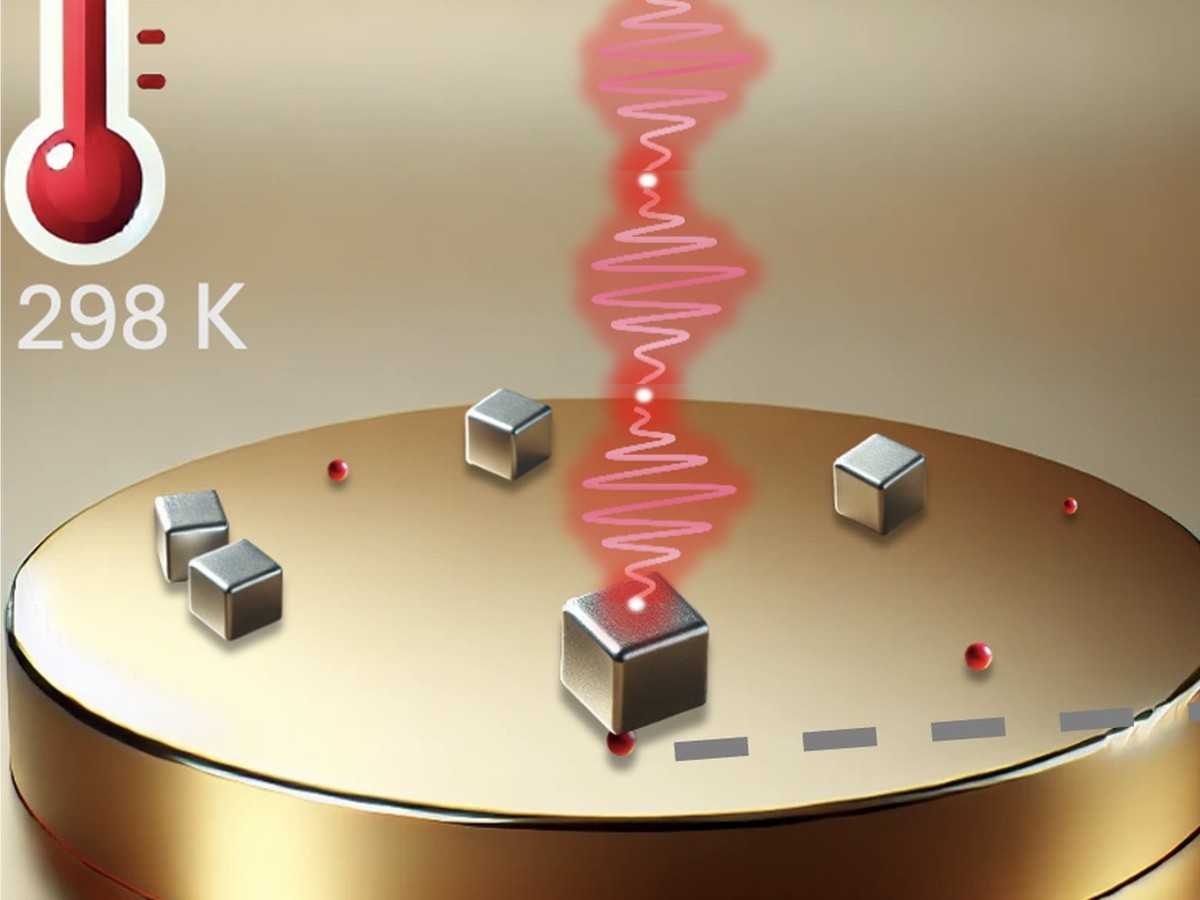 Rendering of silver nanocubes on a gold film with a 1550 nm pulse, labelled 298 K — room-temperature telecom single-photon emission.